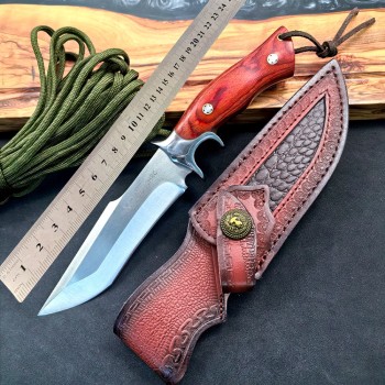 Outdoor Self-Defense Straight Knife with Integrated Blade, High Hardness Stainless Steel Wilderness Adventure Knife with Leather Sheath, Portable Sharp Straight Knife