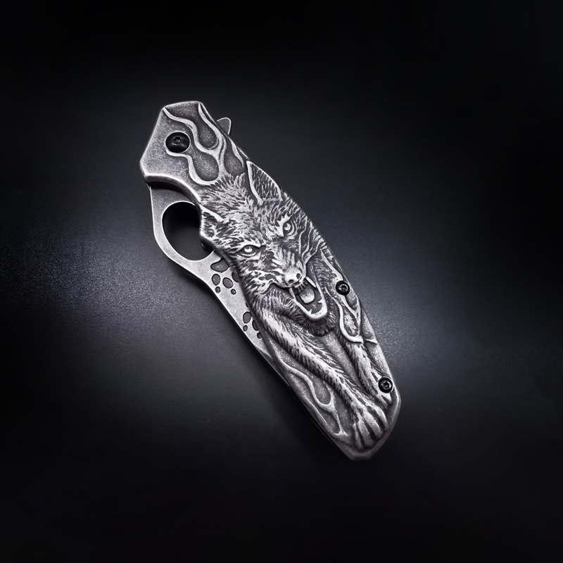 Creative relief self-defense knife stainless steel stone wash wolf head steel handle knife tactical military knife portable fruit knife