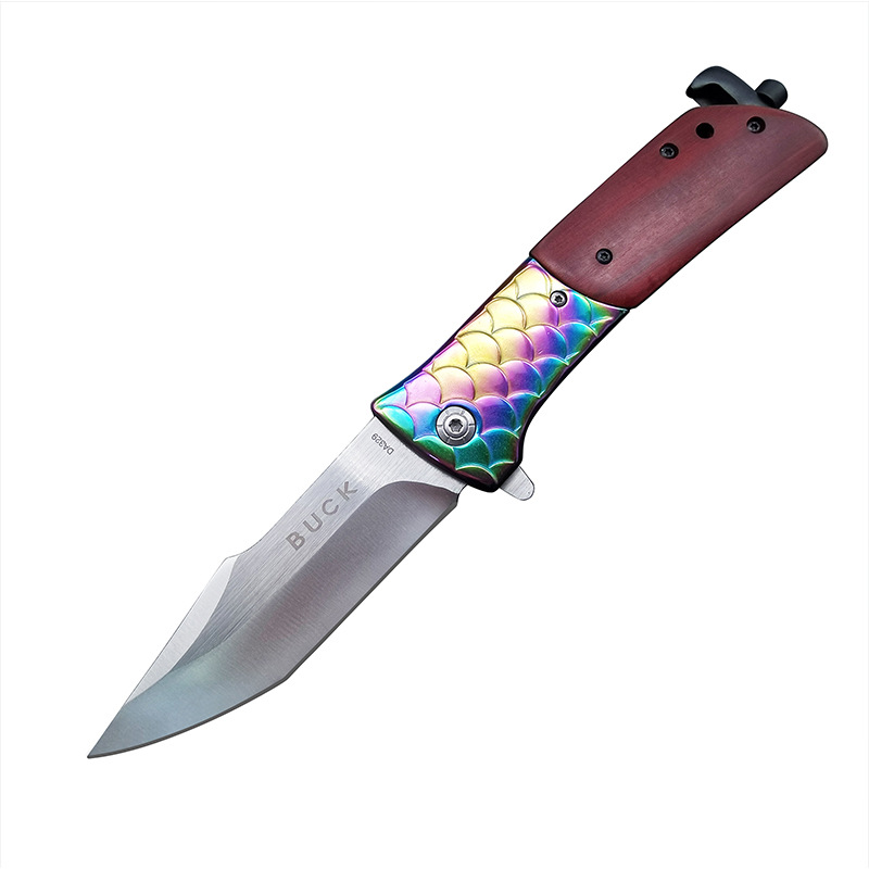 Cross-border New Folding Knife Color Fish Scale Redwood Handle Folding Knife Multifunctional Window Breaking Tactical Folding Knife