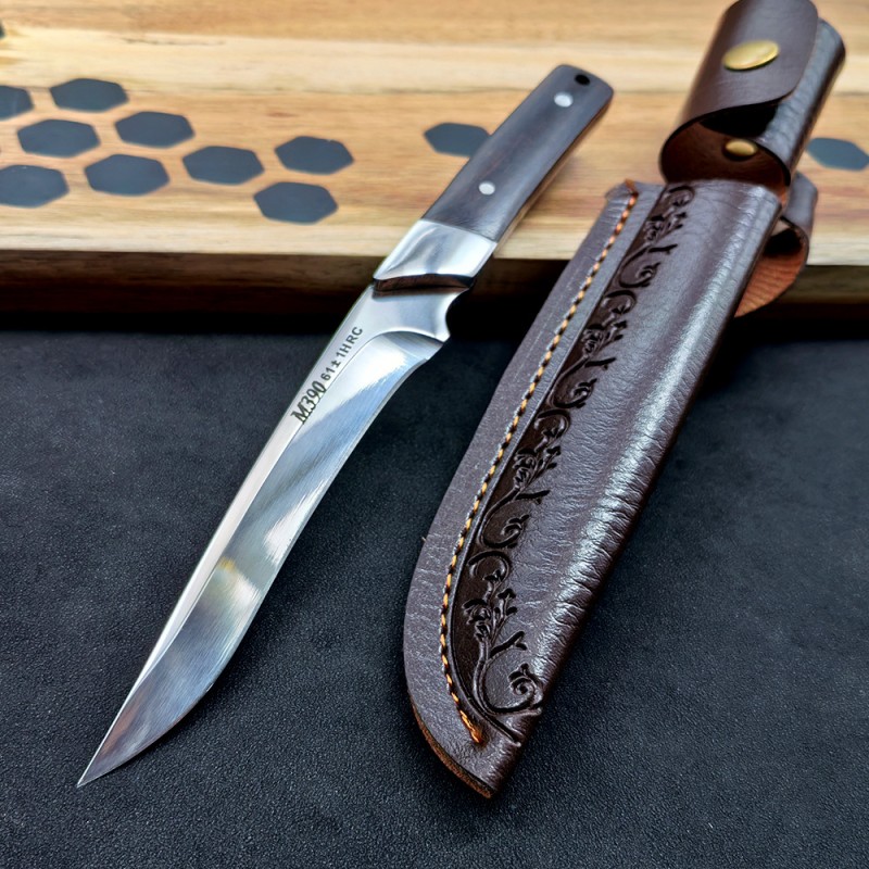 Outdoor Dragon Bone Integrated Leather Sheath Straight Knife M390 Mirror Light Fishing Carry-On Knife Self-Defense Survival Knife Fruit Knife