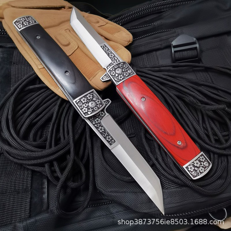 Japanese style knife outdoor high hardness saber red wooden handle knife folding carved self-defense tool hand meat short knife