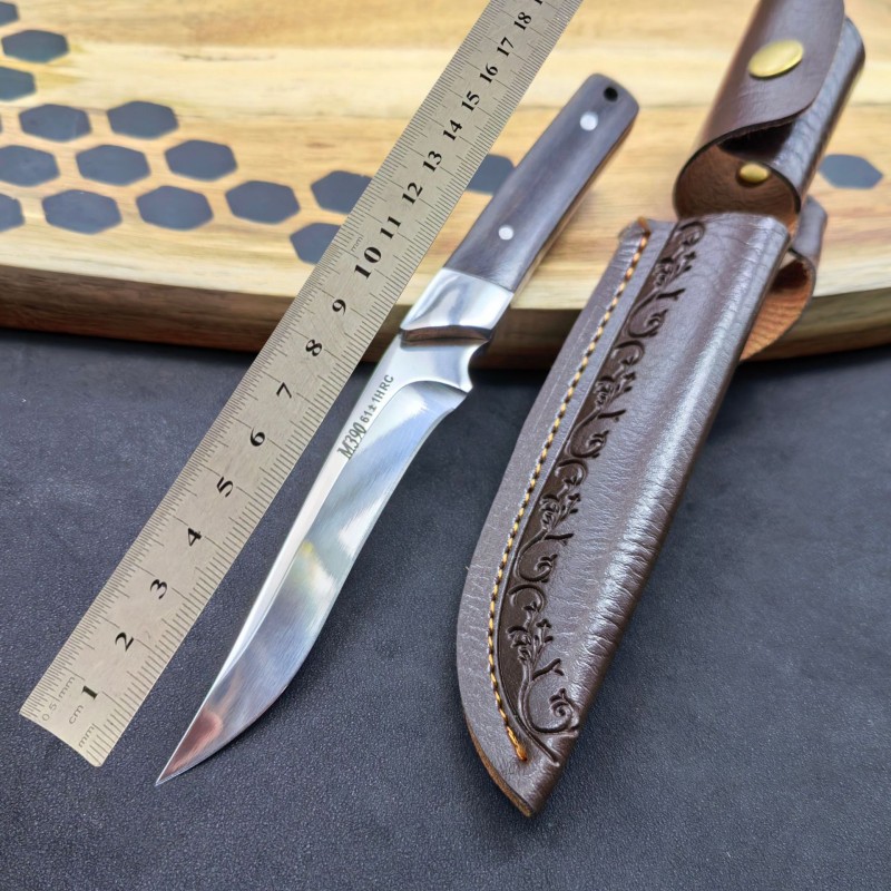 Outdoor Dragon Bone Integrated Leather Sheath Straight Knife M390 Mirror Light Fishing Carry-On Knife Self-Defense Survival Knife Fruit Knife