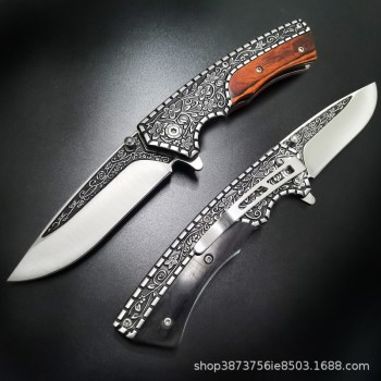 Wholesale sharp outdoor fruit knife in stock camping knife self-defense folding knife wooden handle carved folding knife saber generation