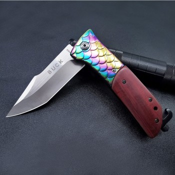 Cross-border New Folding Knife Color Fish Scale Redwood Handle Folding Knife Multifunctional Window Breaking Tactical Folding Knife