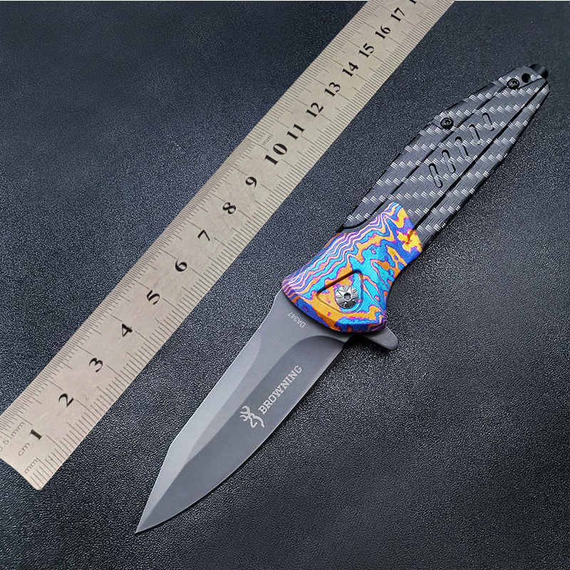 Outdoor self-defense folding knife painted steel head carbon fiber non-slip handle cool Swiss self-defense household fruit knife