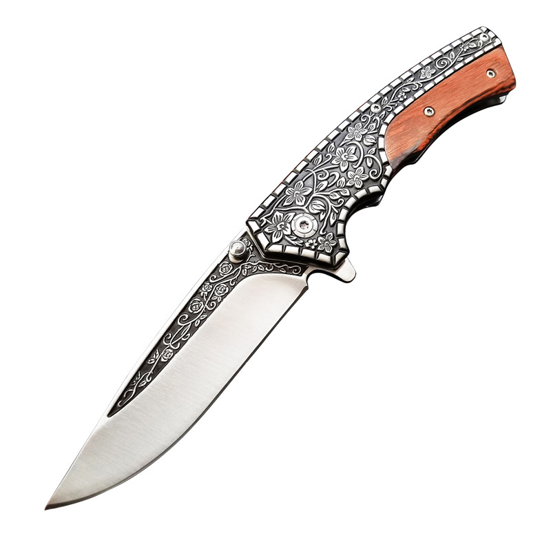 Wholesale sharp outdoor fruit knife in stock camping knife self-defense folding knife wooden handle carved folding knife saber generation
